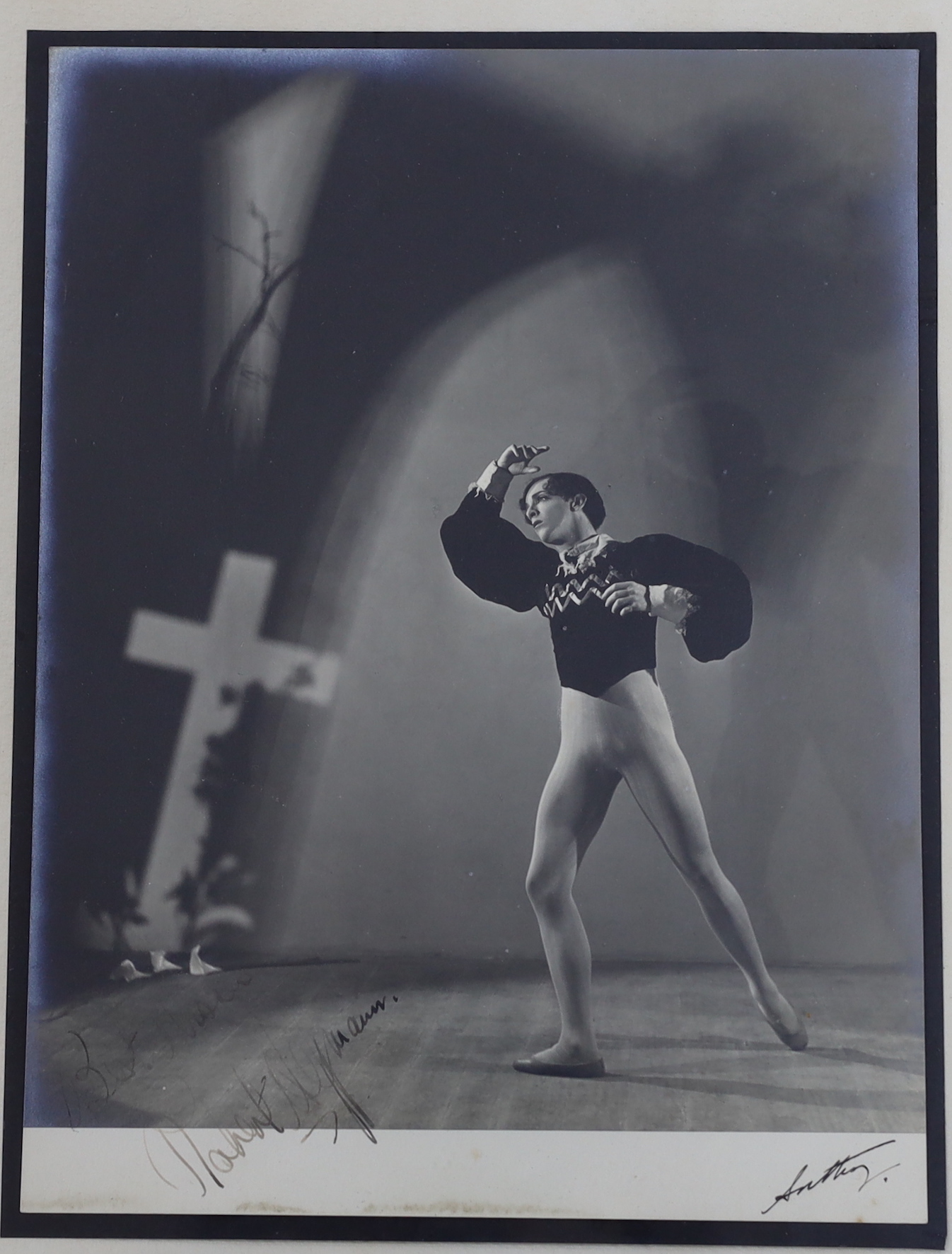 Anthony Crickmay (1937-2020) four black and white photographs, Ballet dancers, Portraits of Margaret Fonteyn and Robert Helpmann, all signed in pencil by both Crickmay and the dancers, each 29 x 22cm